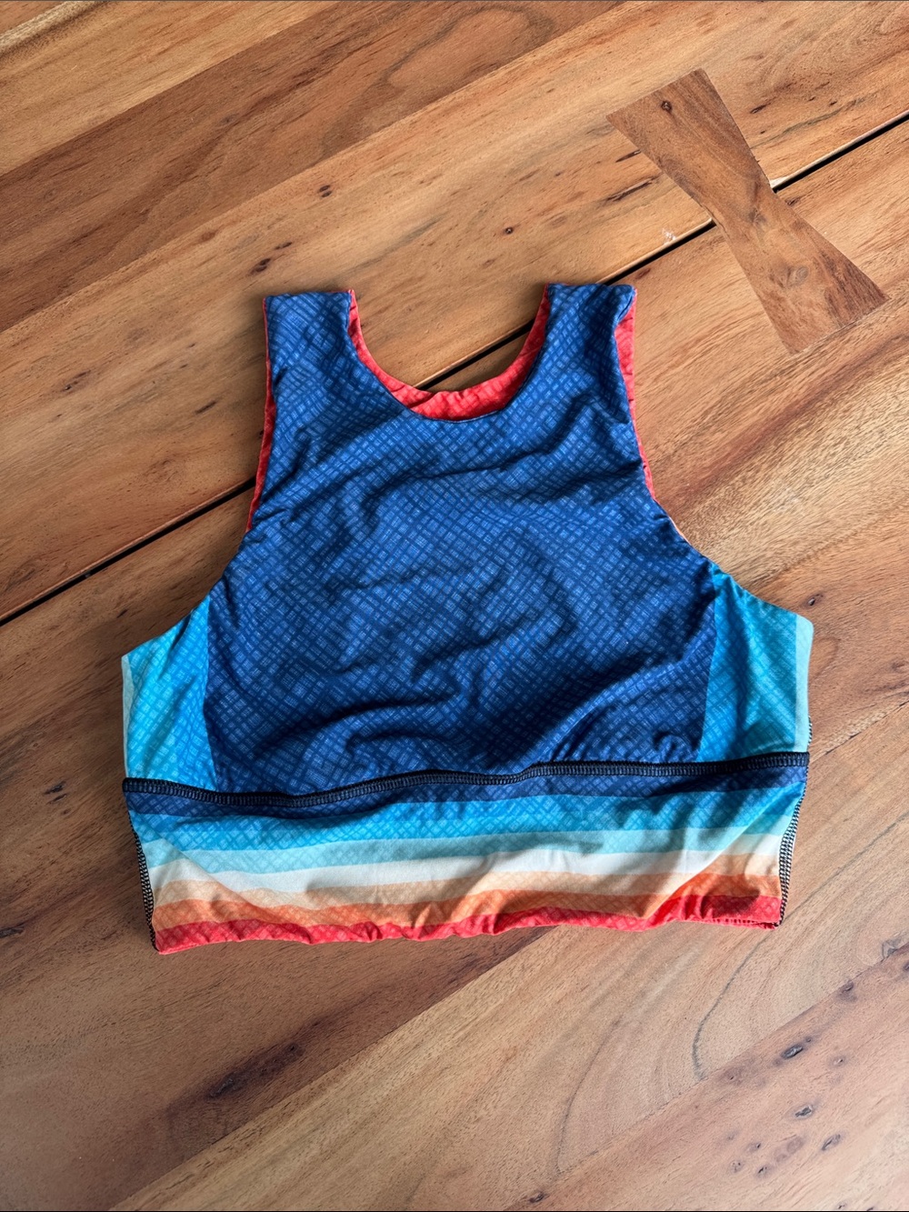 High-Neck Blue & Orange Striped Sports Bra Crop top